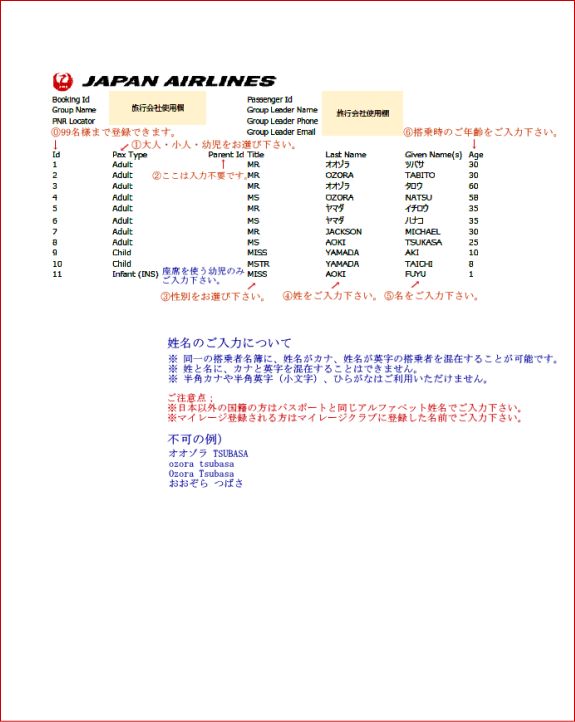 JAL国内線団体航空券用ネームリスト記入サンプル